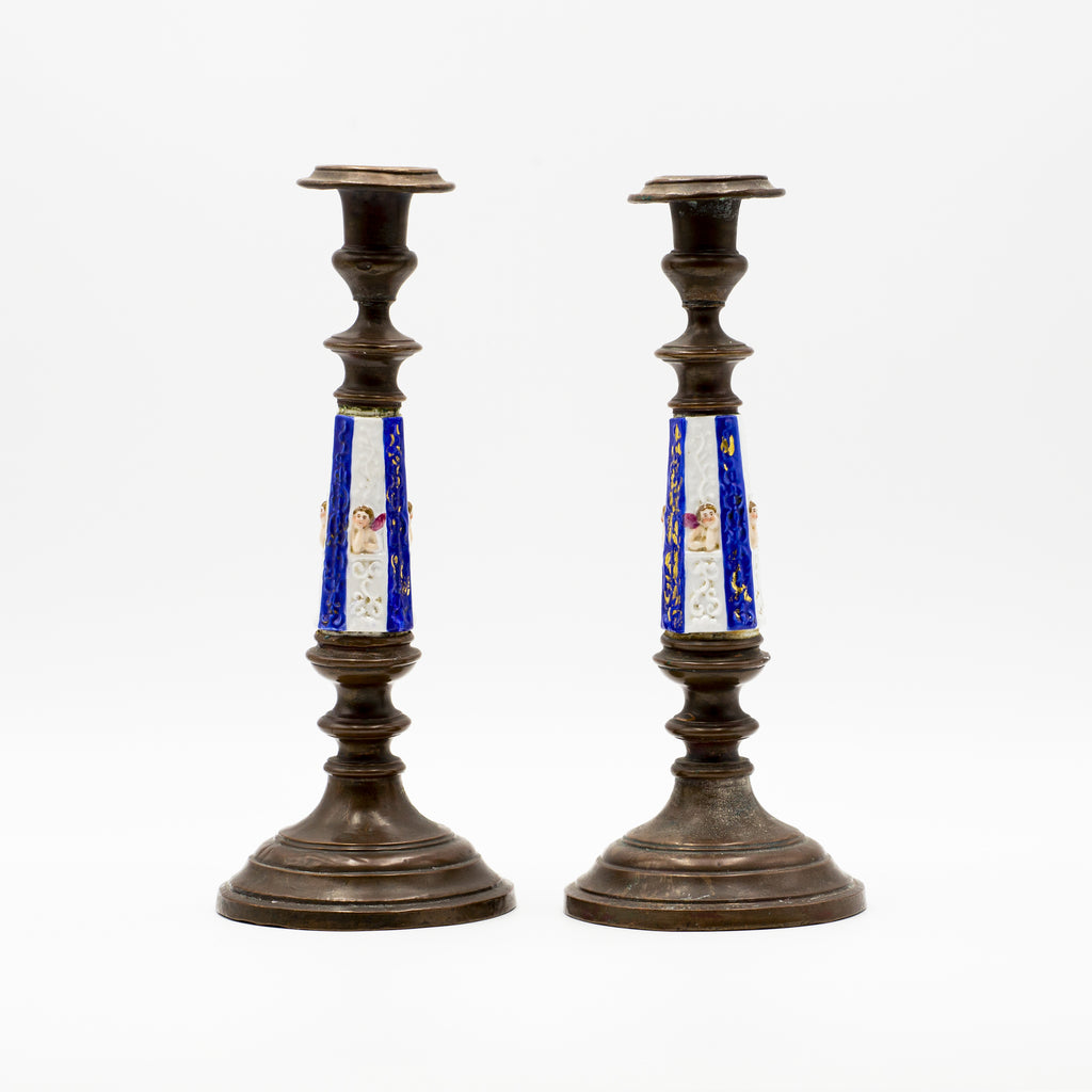19th century copper and Meissen porcelain candlestick